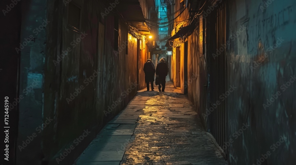 a dark alleyway with couple of people walking at night
