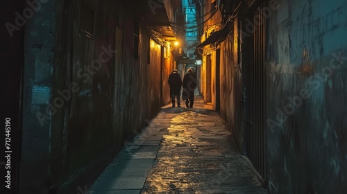 a dark alleyway with couple of people walking at night © Ceyhun