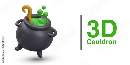3D witch cauldron with green potion and stirring spoon. Vector black cauldron in tilted position. Bubbling magical elixir. Preparation of magical drink