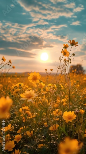 a field full of yellow flowers with the sun in the back