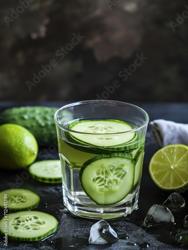 a glass filled with cucumber and a slice of lime