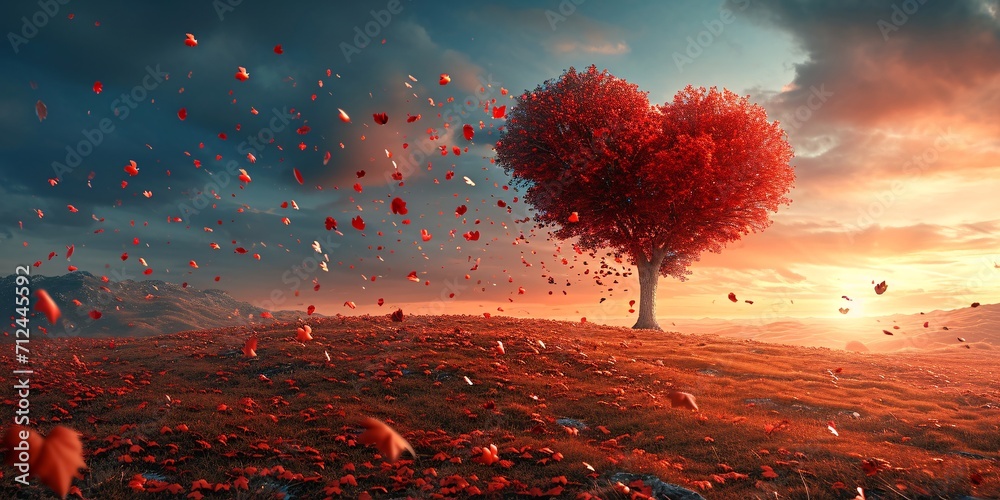 Romantic sunset scene with a scarlet heart tree and autumn foliage. - obrazy, fototapety, plakaty 