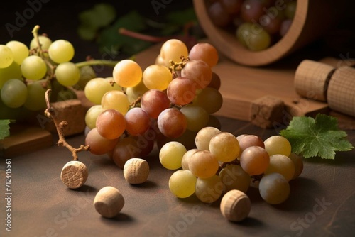 A bunch of grapes and cork stoppers. Generative AI