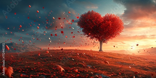 Fotografia Romantic sunset scene with a scarlet heart tree and autumn foliage