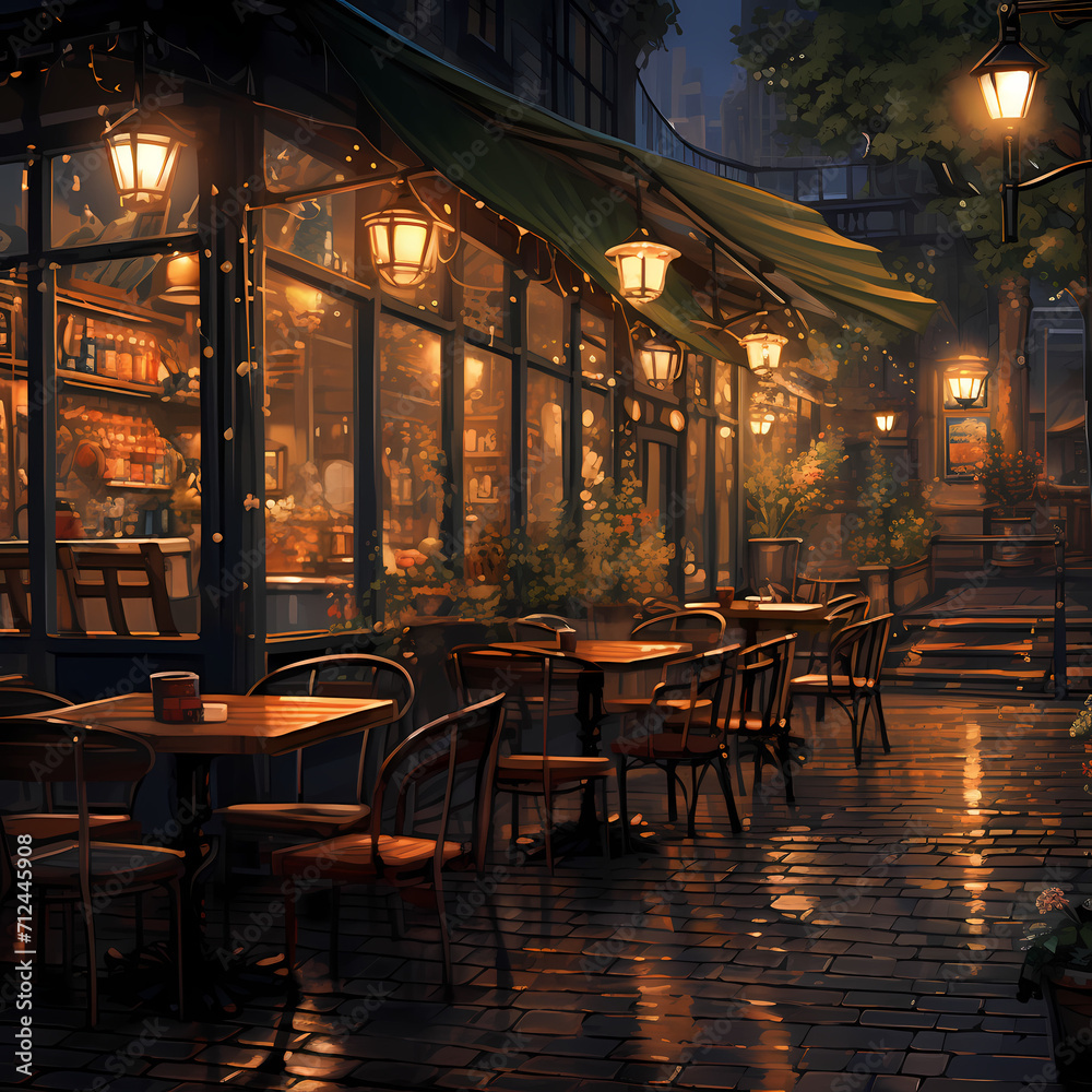 A cozy coffee shop on a rainy day with people reading books.