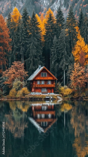 house sitting on top of a lake next to a forest