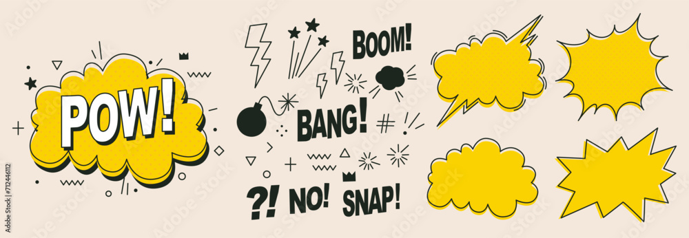 A set of speech bubbles. Comic text sound effects. Banner, poster, sticker concept. Expression funny style text Boom, Pow. Explosion. Vector bright cartoon messages. Abstract background pop art style