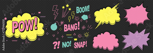 A set of speech bubbles. Comic text sound effects. Banner, poster, sticker concept. Expression funny style text Boom, Pow. Explosion. Vector bright cartoon messages. Abstract background pop art style