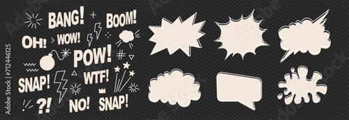 A pack of speech bubbles. Comic text sound effects set. Banner, poster, sticker concept. Expression funny style text Boom, Pow, Bang, Wow. Explosion. Vector cartoon messages. Abstract pop art style