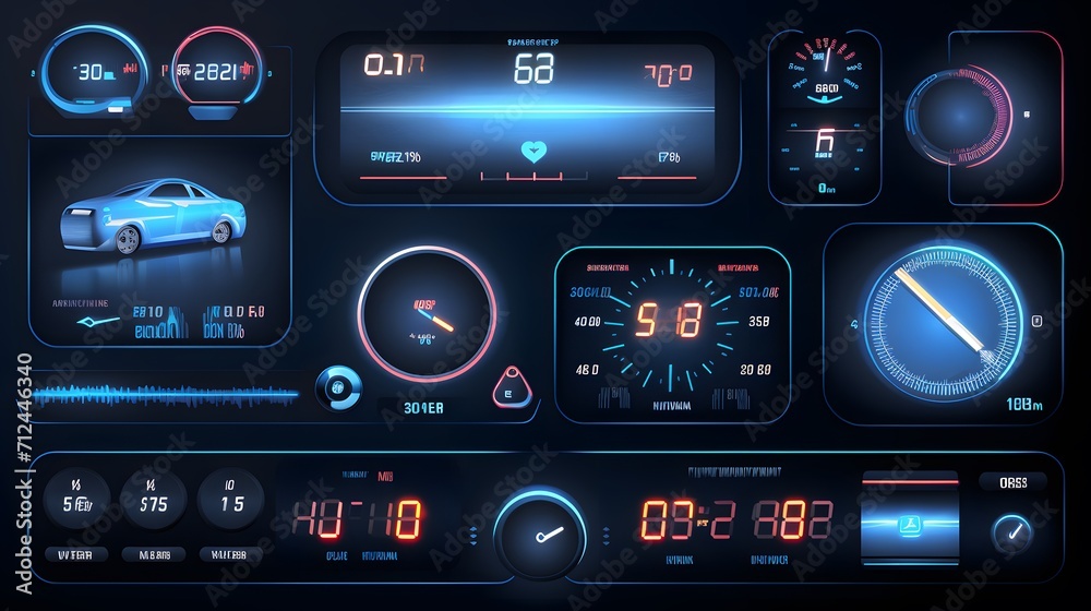Set of different car dashboards with sensors. Measurement of car speed and engine revolutions. Vector illustration