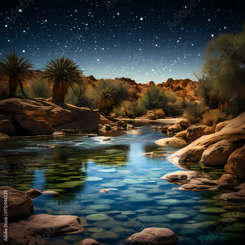 Desert oasis under a starry night sky