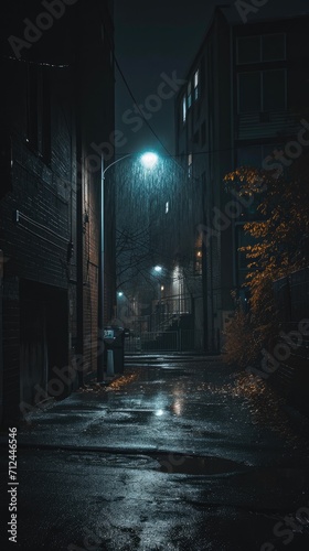 a light shines brightly on a dark street