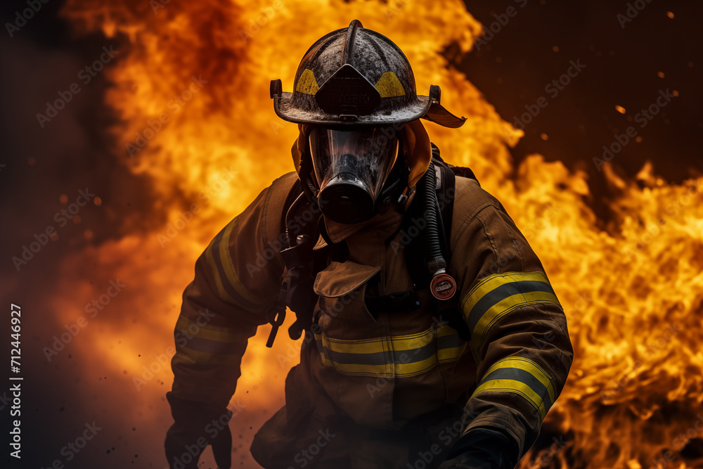 Firefighter in flames with helmet and gas mask on a dark background