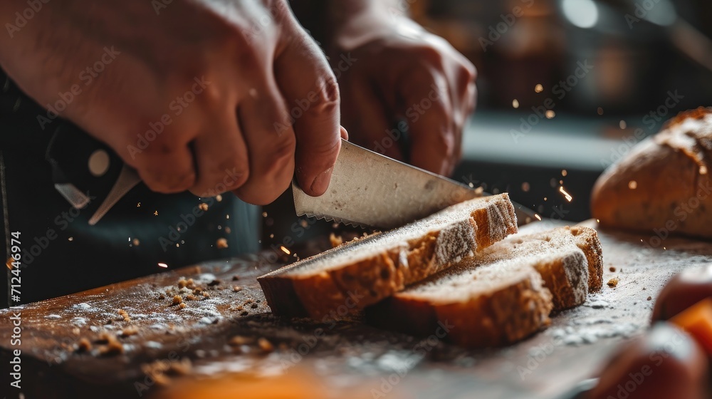  a person delicately slices through a fresh loaf of bread