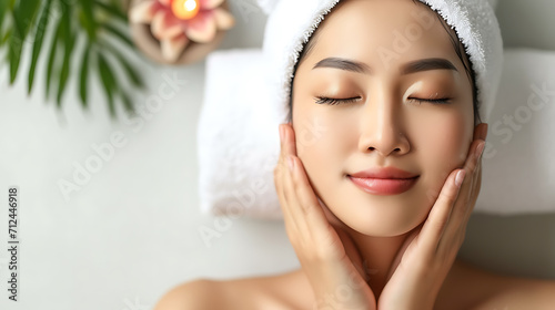 woman in spa closing her eyes touching her face