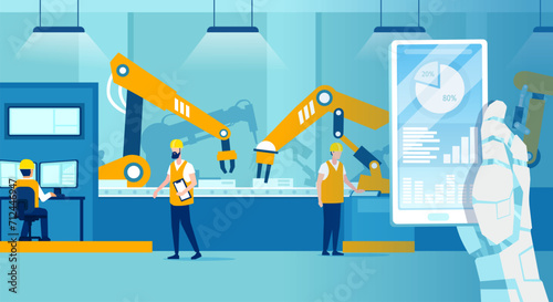 Vector of a smart factory with robot control over workers on assembly line, industry and technology concept