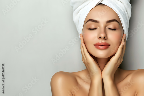 portrait of woman with perfect skin with towel on her hair doing self care skin care routine 