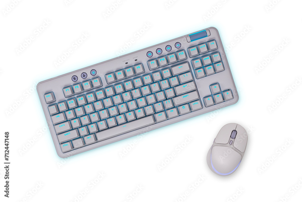 White illuminated wireless gaming computer keyboard and mouse. White illuminated wireless gaming computer keyboard and mouse.