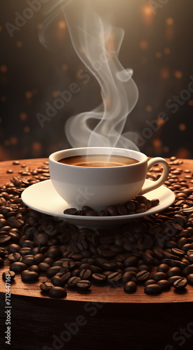 Captivating Coffee Cup with Beans, UHD Image with Soft Mist
