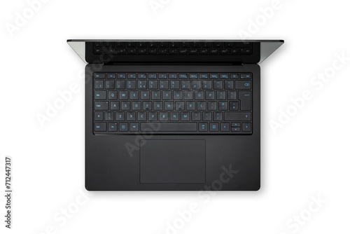 Top-down view of a modern black pc laptop, isolated on white.