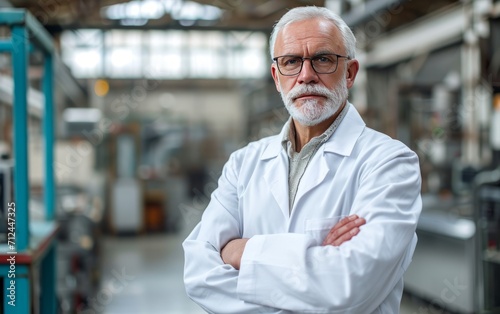 Portrait of confident mature male scientist standing with arms crossed in factory