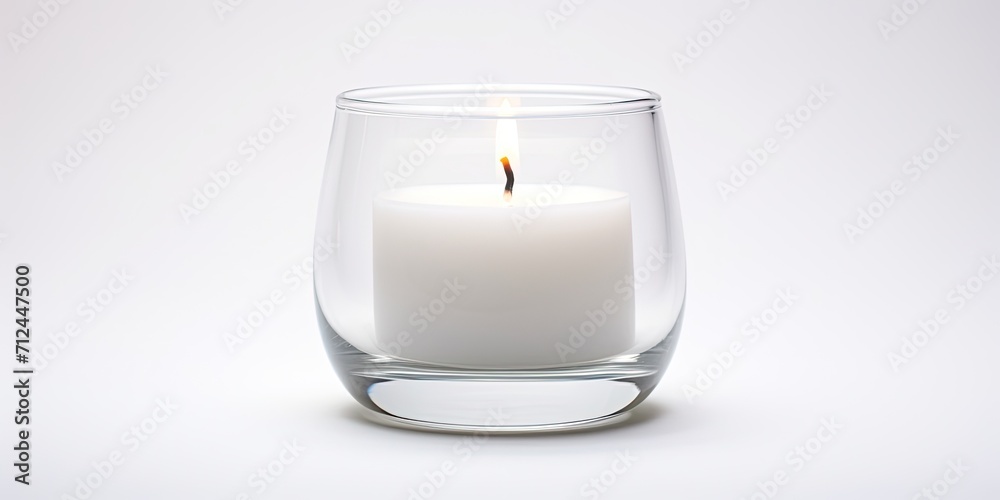 Transparent glass with a white candle, displayed on a white background, representing a sample or model. Transparent glass with a white candle, displayed on a white background, representing a sample or model.