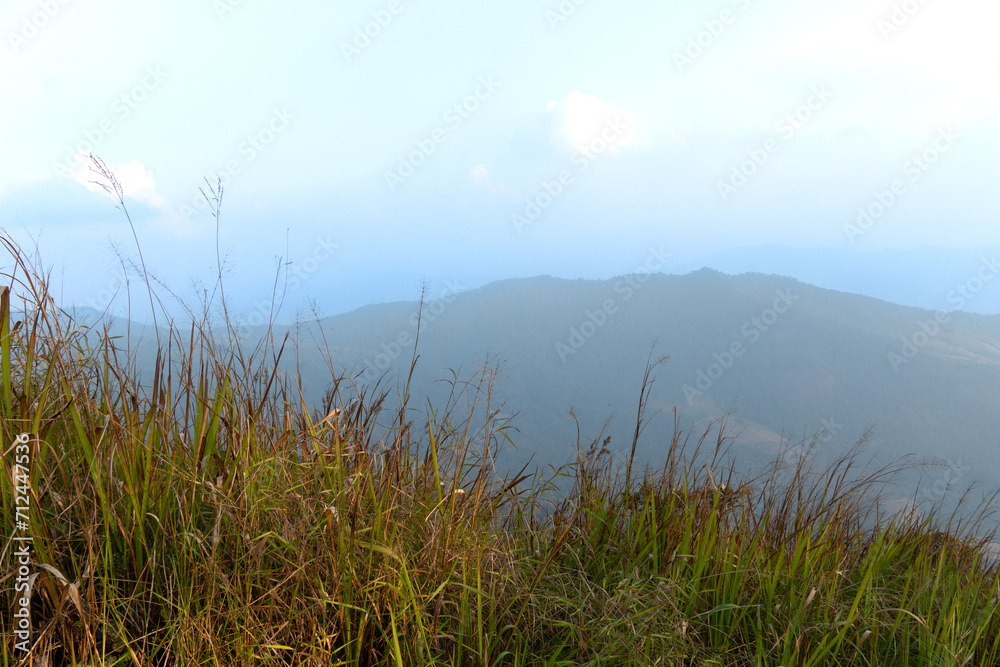 The foreground is covered with grass. Landscape view of mountain ranges lined up background. Under fog covers the sky. At Phu Langka Phayao Province of Thailand. 