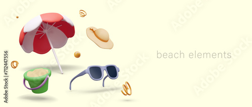 Composition with beach elements. Realistic sunglasses, hat, sun umbrella in white and red colors, and sand bucket. Vector illustration in 3d cartoon style with place for text