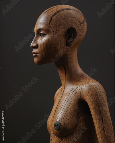 A fantastical humanoid wooden figure with intricate carvings, exuding an otherworldly and enigmatic presence. photo