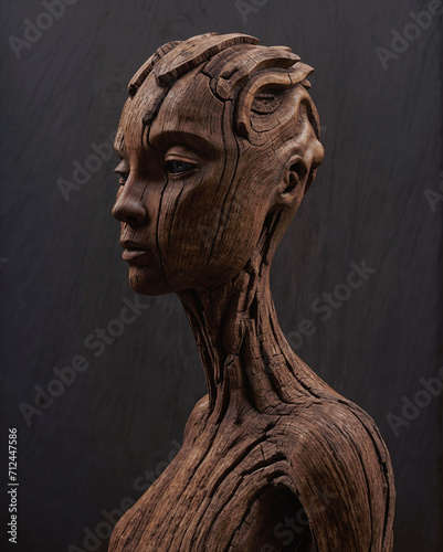 A fantastical humanoid wooden figure with intricate carvings, exuding an otherworldly and enigmatic presence. photo