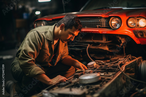 Man auto mechanic working in auto repair service. Mechanic repairing car.