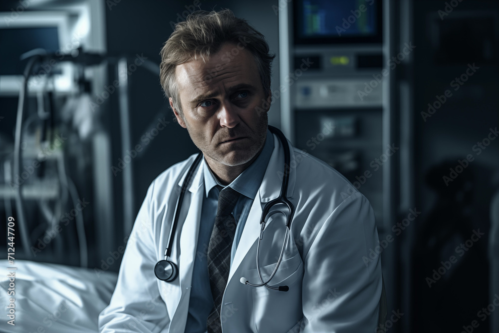 Portrait of a serious doctor sitting in a hospital ward and looking away Portrait of a serious doctor sitting in a hospital ward and looking away