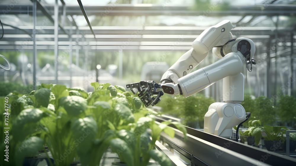 Smart farming, automated industrial robotic arm picking up plants in a greenhouse, industrial scale