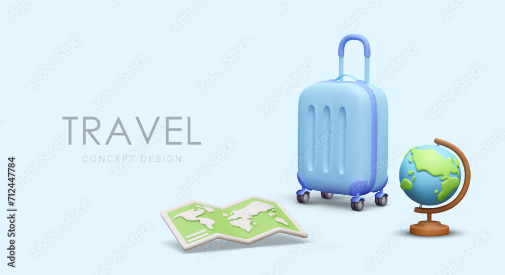 Obraz premium Concept of traveling around world. Huge blue suitcase, globe, map. Concept on colored background. Vacations in different continents and countries. Tourist business