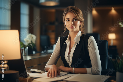 Portrait of young businesswoman sitting at desk in office and looking at camera
