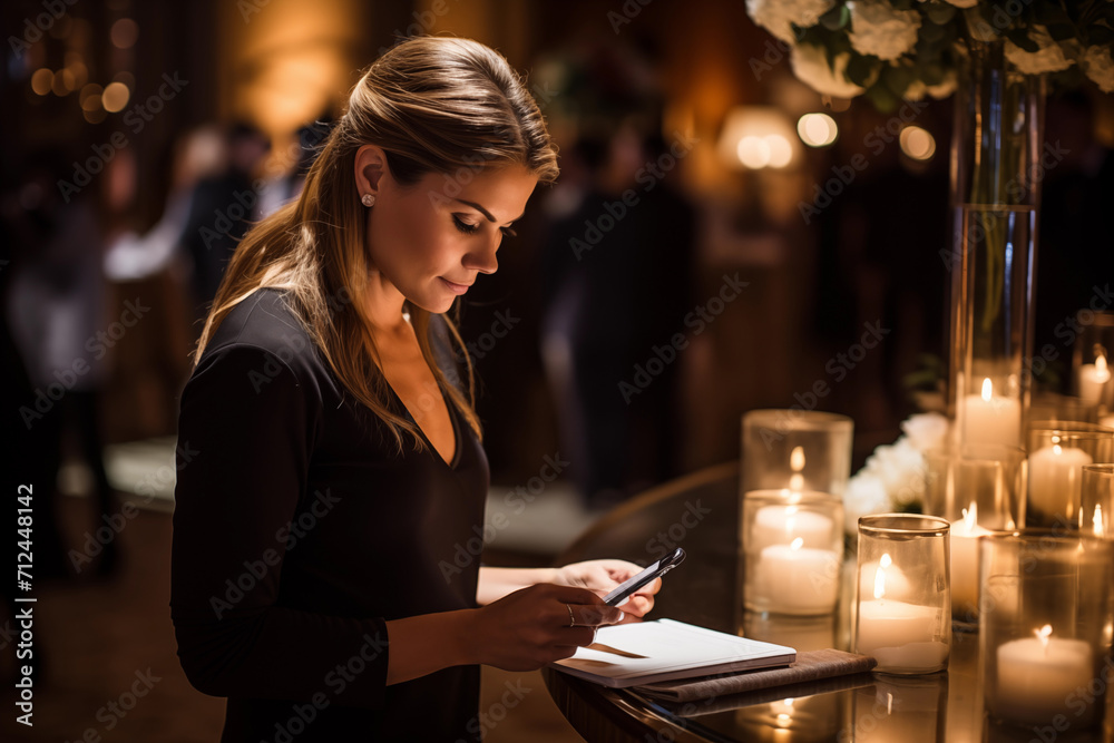 Young woman writing in a notebook in a restaurant with candles in the background