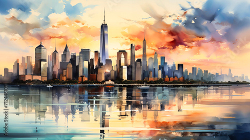 New York Cityscape Artistry: Iconic Landmarks, Skyscrapers, and Urban Beauty in a Colorful Watercolor Painting
