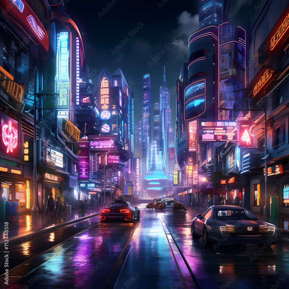Neon-lit street in a bustling cyberpunk city