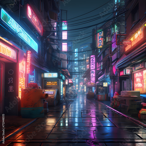 Neon-lit cyberpunk alley with holographic advertisement
