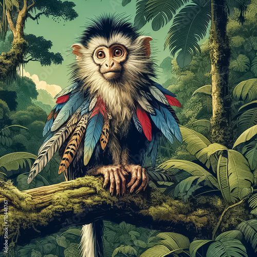 A monkey with bird feathers is on a tree in the middle of the forest. 