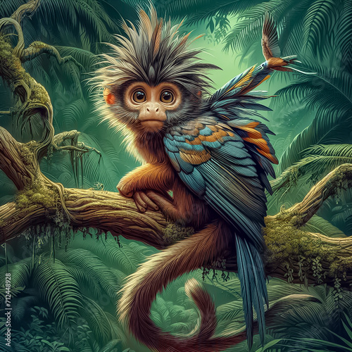 A monkey with bird feathers is on a tree in the middle of the forest. 