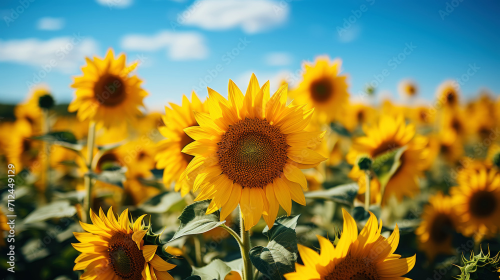 A field of luxurious blooming sunflowers in a rural landscape with a beautiful sky. Generative AI A field of luxurious blooming sunflowers in a rural landscape with a beautiful sky. Generative AI