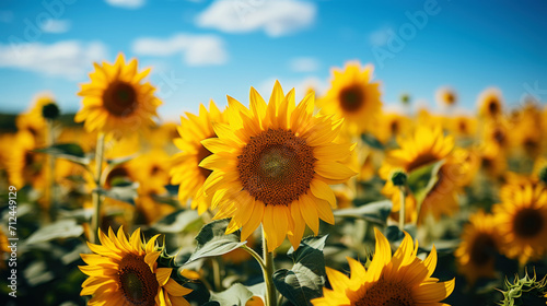 A field of luxurious blooming sunflowers in a rural landscape with a beautiful sky. Generative AI © kovalovds