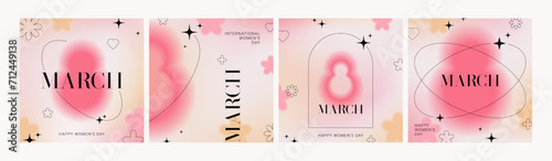 Set of trendy cards for 8 March. International Women's Day banners. Y2k style creative vector illustration with aesthetic blurry elements and linear forms. Minimalist design for party, ads, cover.