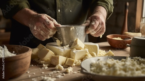 Artisan hands grating fresh cheese in a rustic kitchen setting, with flour and kitchenware, conveying a sense of tradition and craftsmanship.