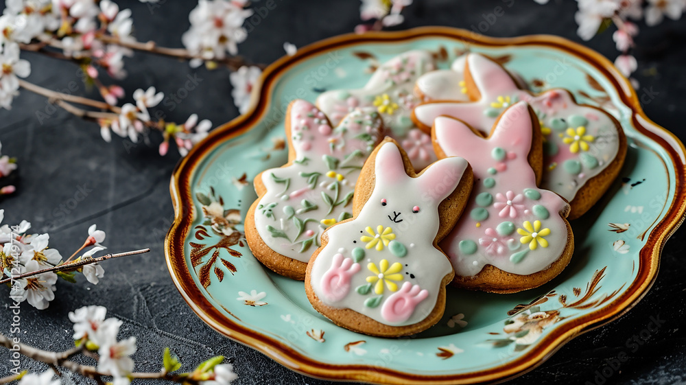 Sweet Easter cookies in the shape of a rabbit with ears, with glaze and decorative pattern, in a beautiful plate, on the table with Easter eggs and flowers