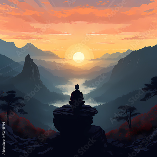 Silhouette of a person meditating on a mountaintop © Cao