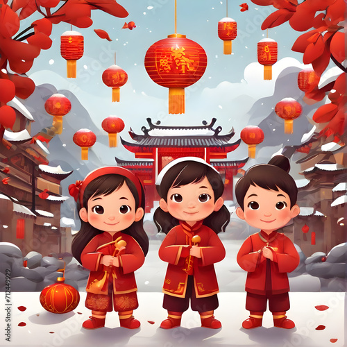 The cute children cartoon waer red dress. The Chinese New Year 2024 celebration. photo