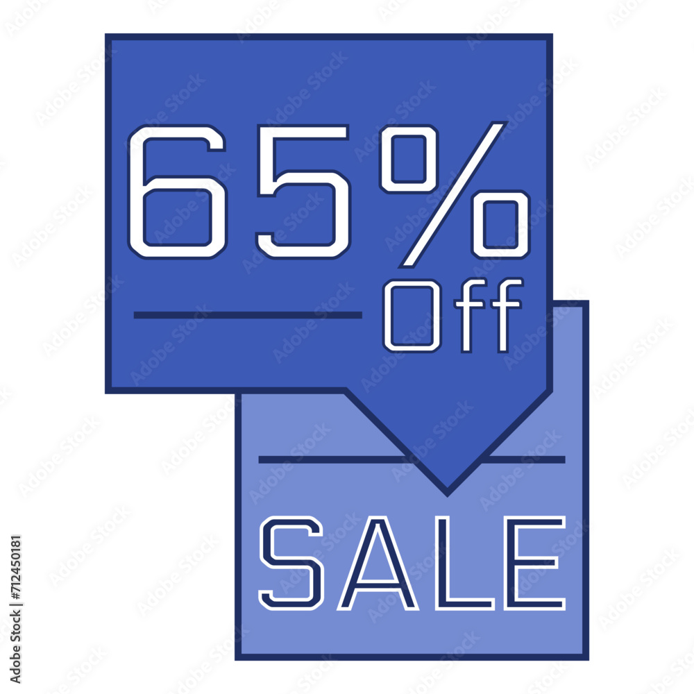65% off written in a blue rectangular speech bubble. Sale. 65% off written in a blue rectangular speech bubble. Sale.