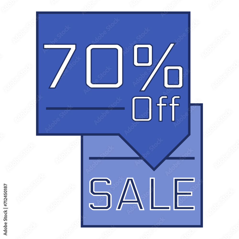 70% off written in a blue rectangular speech bubble. Sale. 70% off written in a blue rectangular speech bubble. Sale.